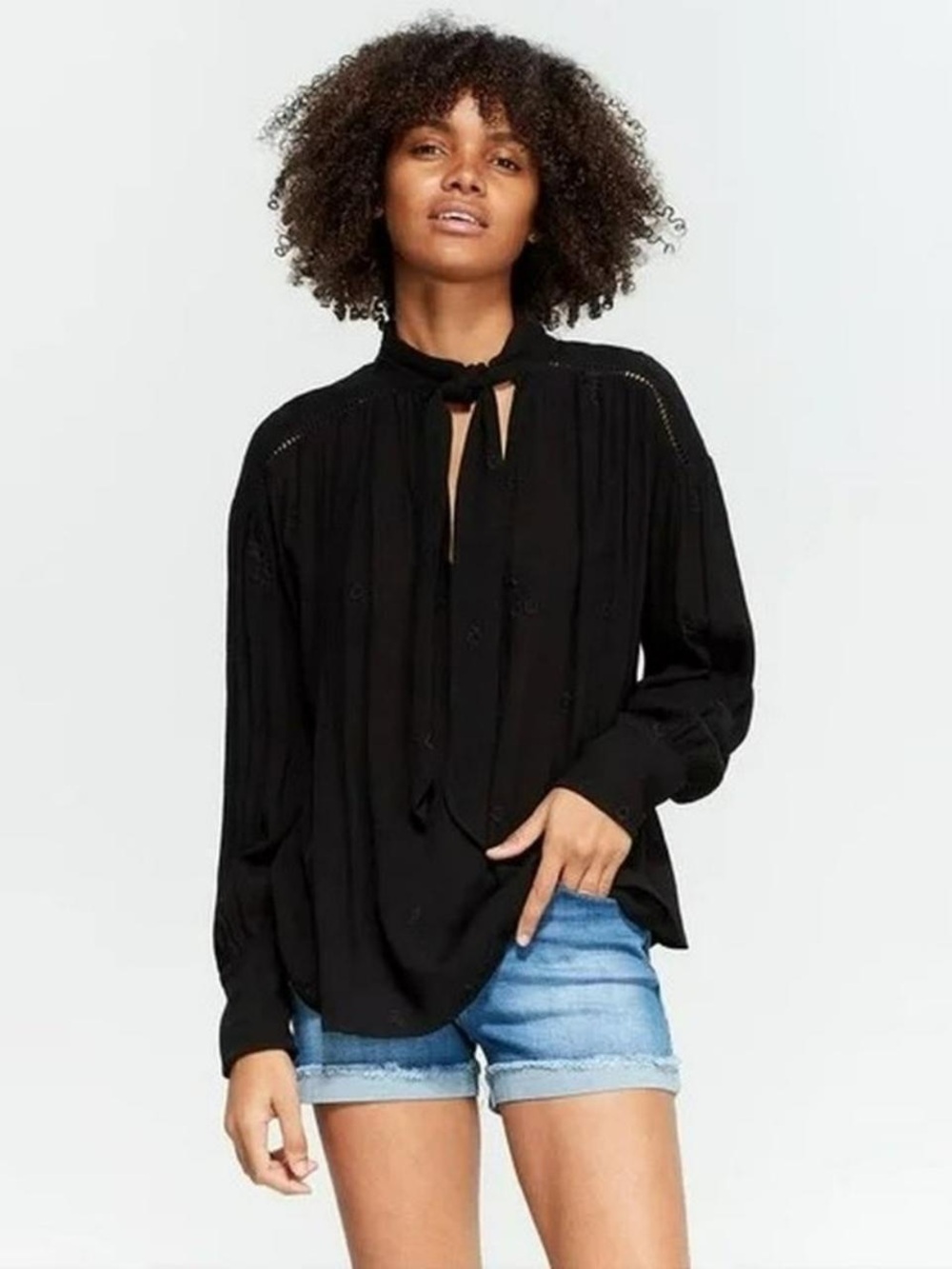 Free People Wishful Moments Black Tie-Neck Long Sleeve Blouse